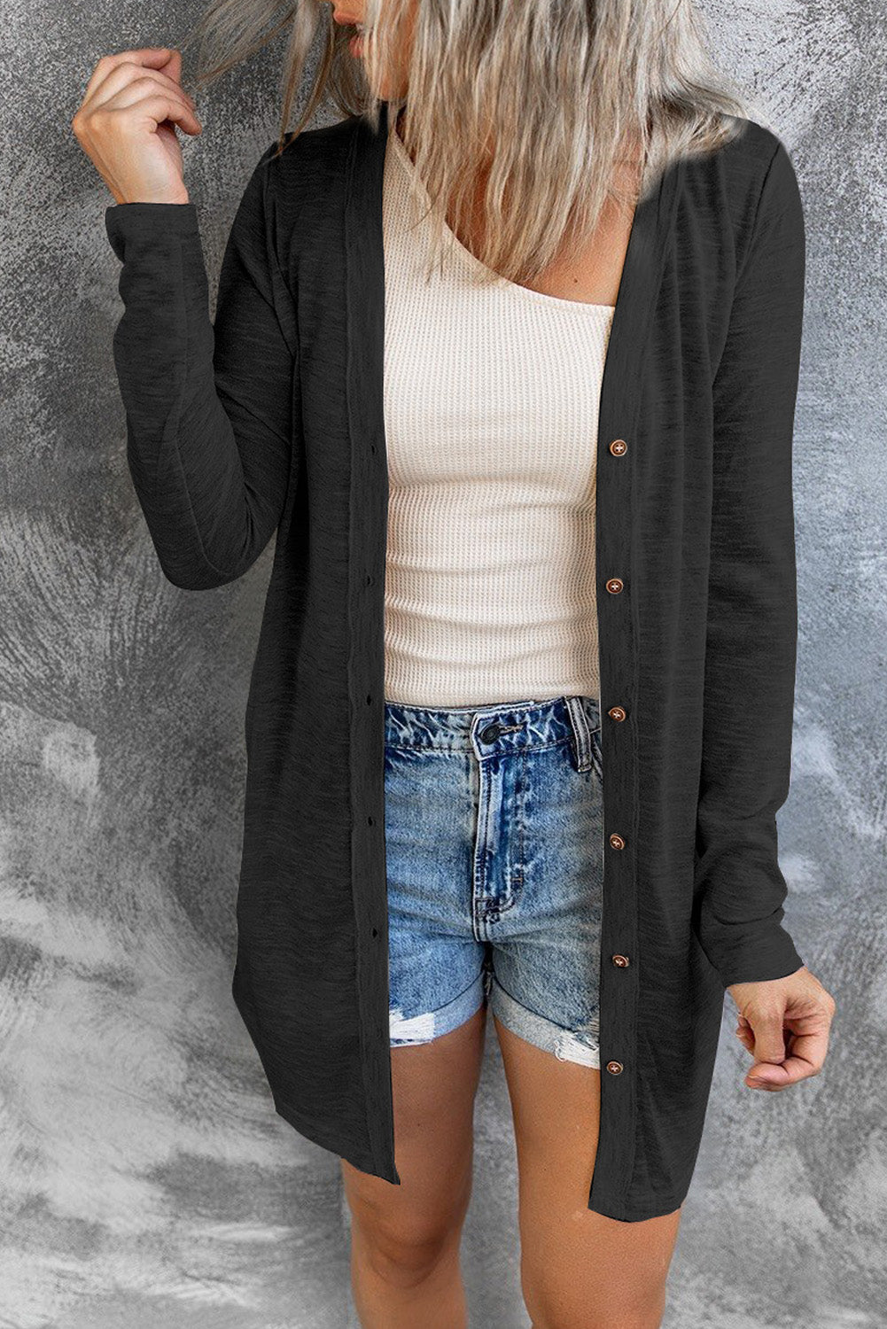 Black Solid Color Open-Front Buttons Cardigan