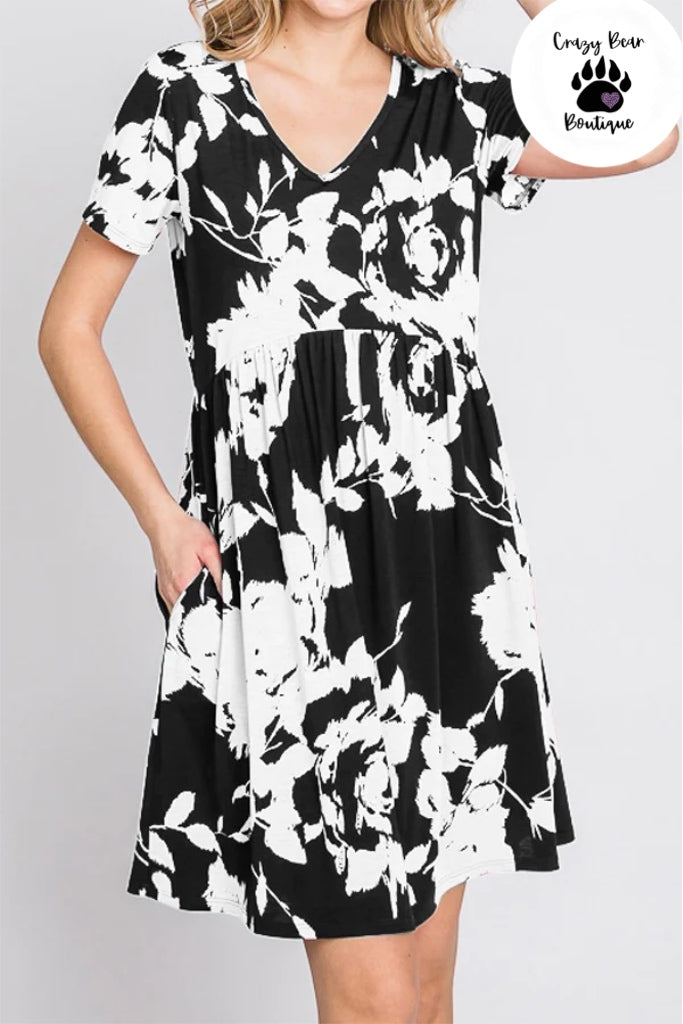Heimish V-Neck floral print Babydoll Dress - Black Ivory