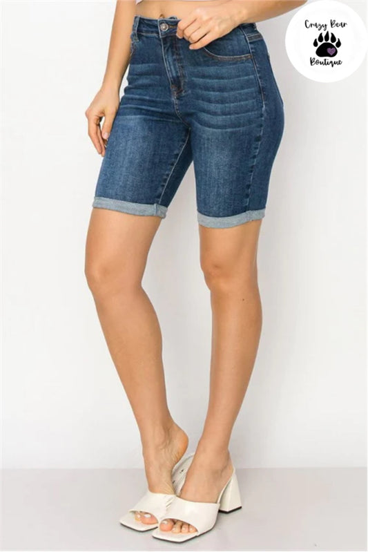 Combined Size Basic Bermuda Denim Shorts with Rolled Cuffs Stretch for Days