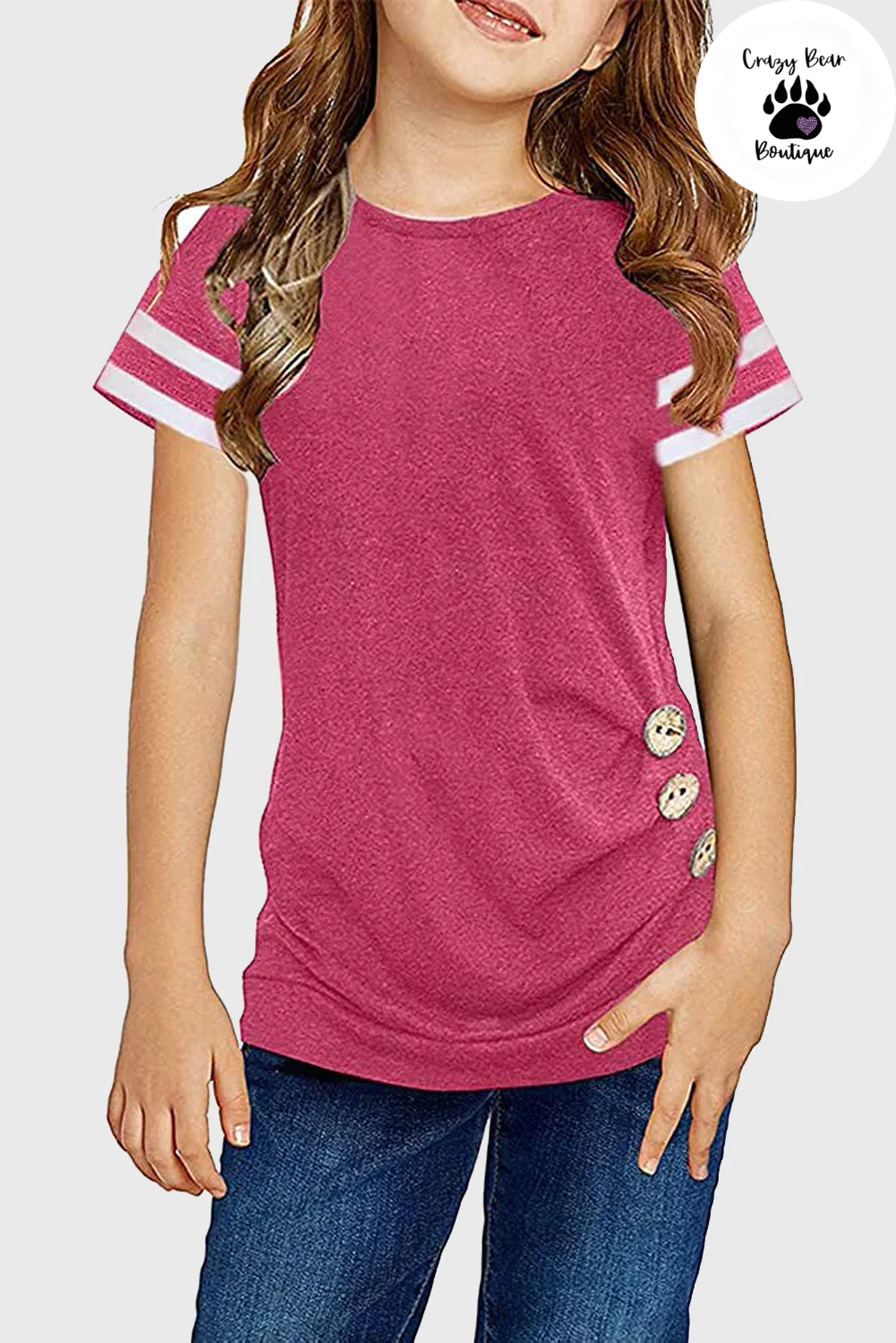 Rose Striped Sleeves Little Girl Tee with Buttoned Side