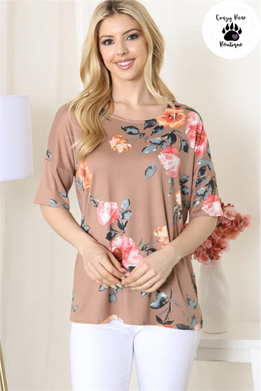 FLORAL HALF SLEEVE ROUND NECK TOP- TAUPE