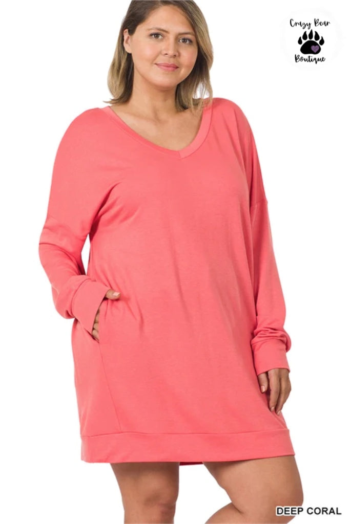 ZENANA PLUS SOFT STRETCH F/TERRY LONGLINE TOP- DEEP CORAL