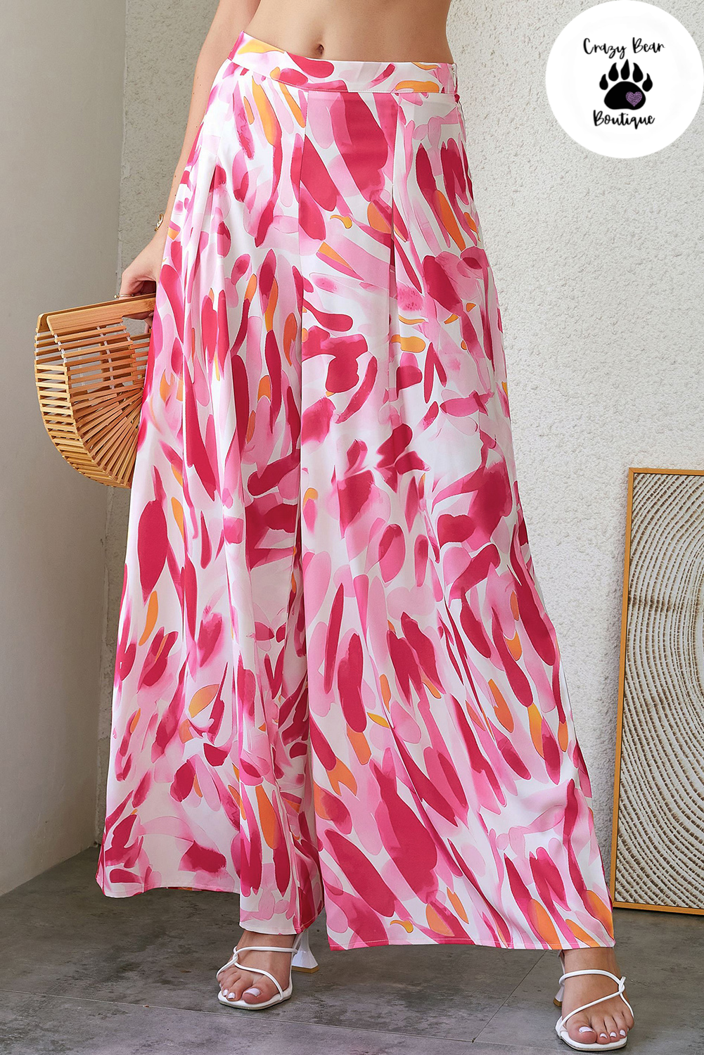 Rose Boho Abstract Floral Print Wide Leg Pants