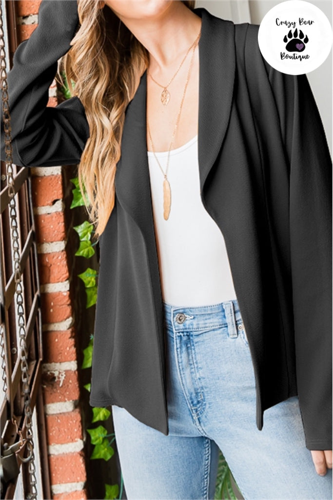 LONG SLEEVE SHAWL SOLID OPEN BLAZERS- BLACK