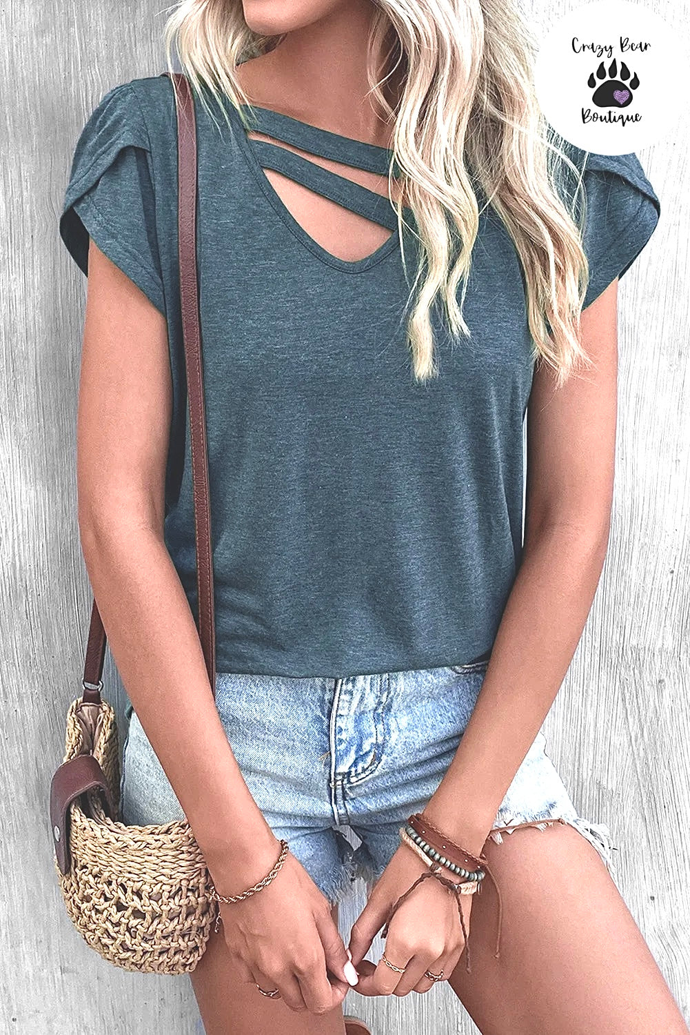 Blue Strappy V Neck Overlap Short Sleeve Top