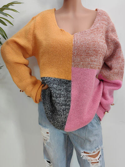 Color Block Decorative Button Long Sleeve Sweater