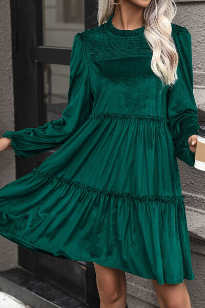 Smocked Balloon Sleeve Frill Trim Tiered Dress