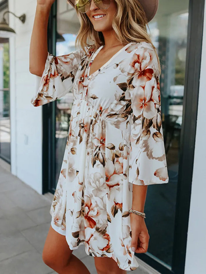 Floral V-Neck Three-Quarter Sleeve Dress